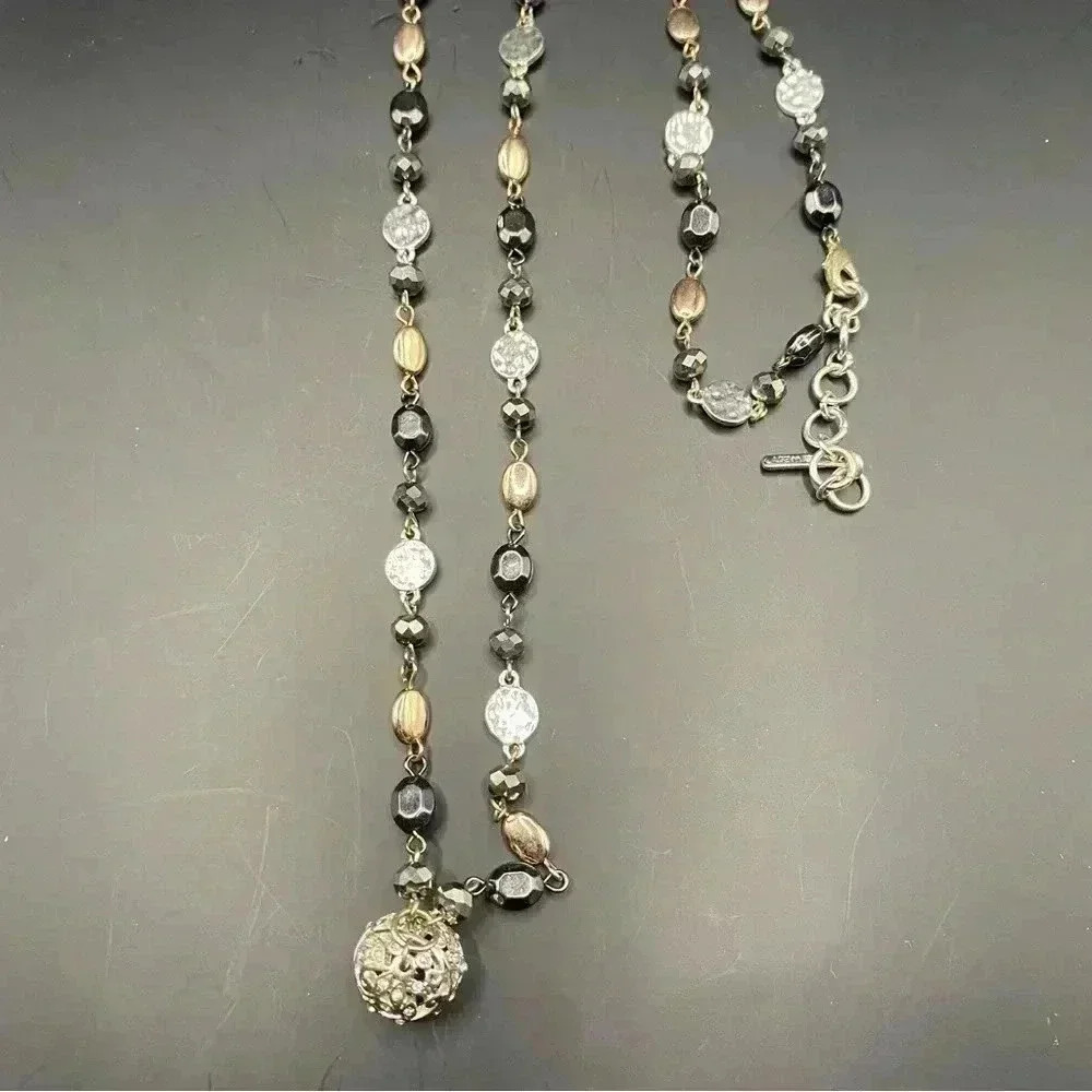 VGT Gold & Silver Black & Crystal Tones Beaded Necklace Silver-tone Bell Pendant - Picture 3 of 11